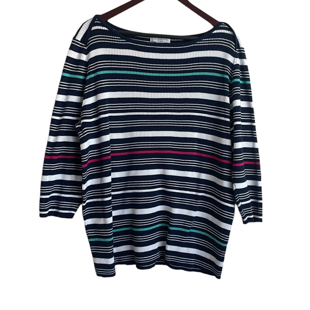 Liz Claiborne Women Tunic Sweater 3X Blue Striped Ribbed Knit Long Line Workwear